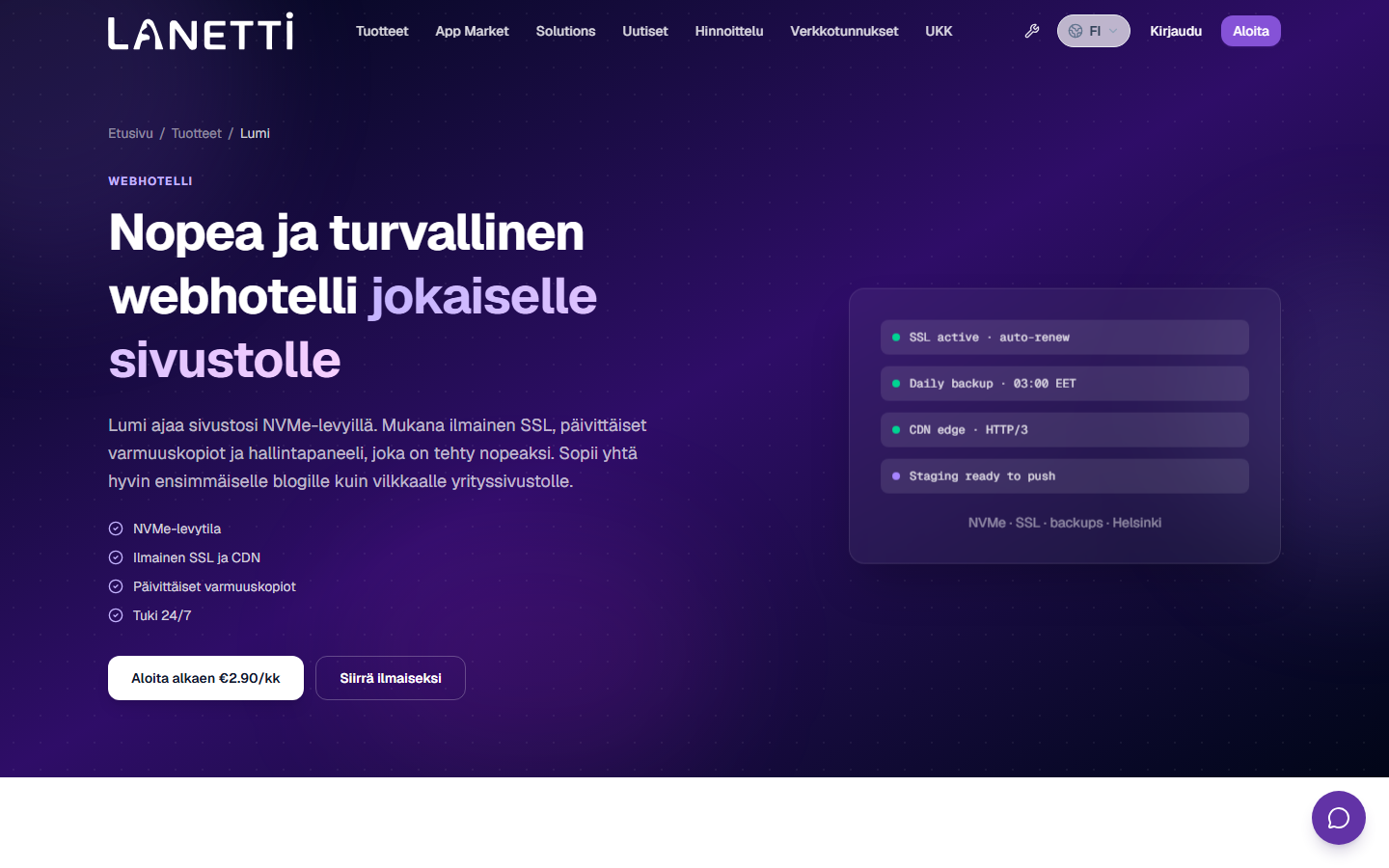 Lanetti webhotellisivu